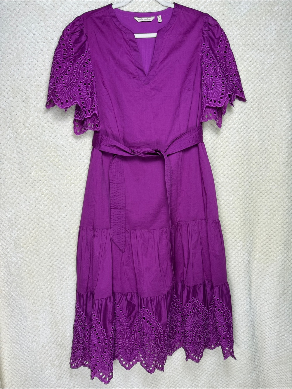 Soft Surroundings Magenta Eyelet Sleeve Tiered Cotton Dress